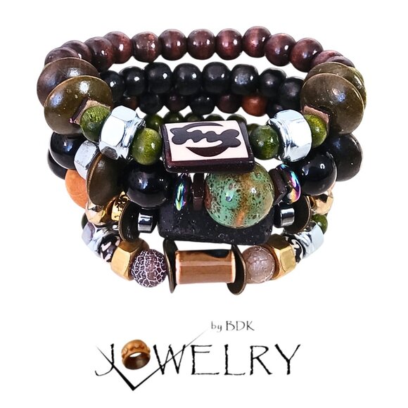 Jewelry By BDK Other - Men's Adinkra Symbol Black Lava Layered Bracelet Set